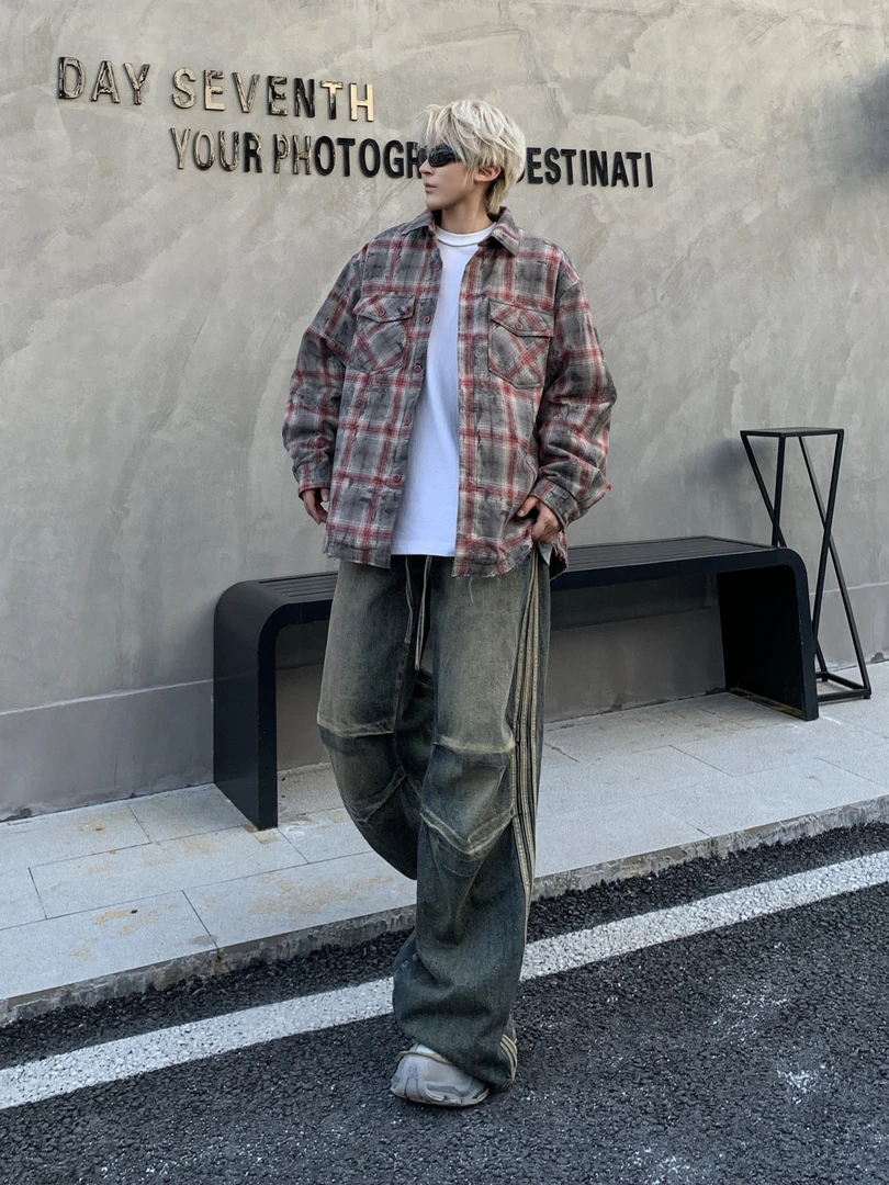 复古造旧拼色格子夹棉加厚衬衫外套春秋百搭时尚潮流宽松