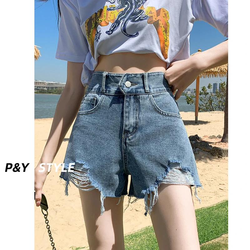【断码清仓】高腰新款夏季阔腿显瘦小个子毛边a字破洞超短热裤