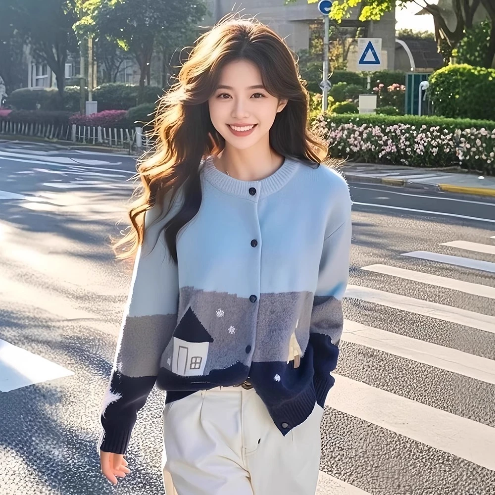 蓝色加厚卡通小房子针织开衫毛衣女装2025新款深秋初冬慵懒风上衣