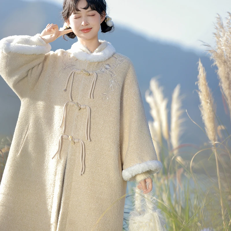 七月夕汉服 青霁 圆领长外套改良唐圆领复古气质日常秋冬国风套装