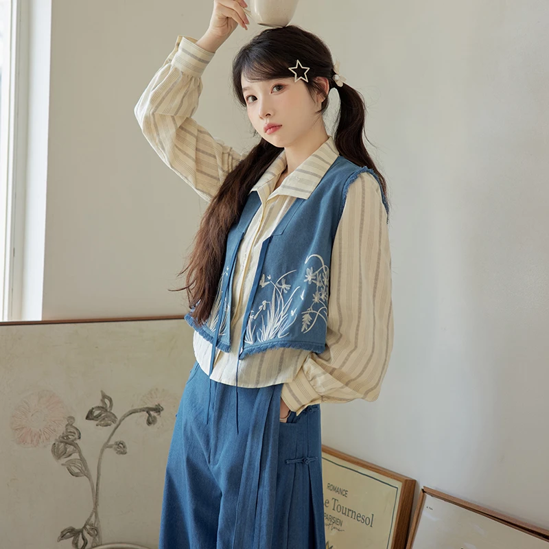 七月夕【青瓷语 】国风绣花马甲条纹衬衫牛仔旋裙套装日常春夏女
