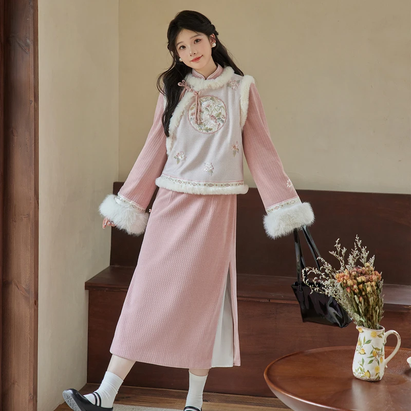 七月夕 【花篮梦语】新中式改良旗袍国风马甲套装女2024秋冬