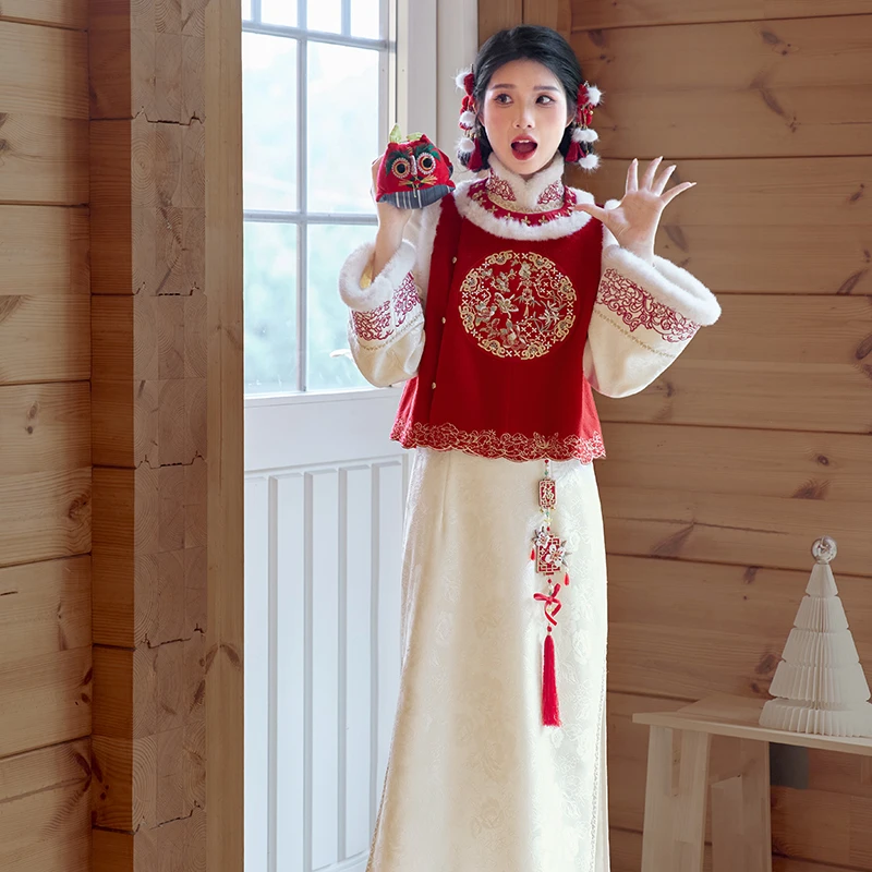 七月夕【岁禧春祺】改良旗袍绣花比甲套装新款过年服冬季拜年服