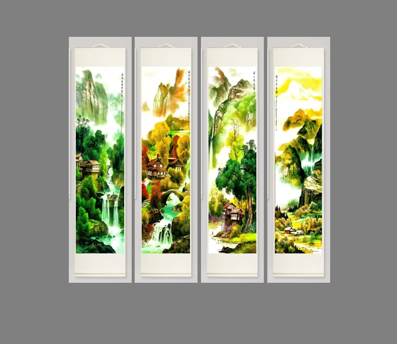 《春夏秋冬四条屏》1.3X0.36米X4条竖幅高端大气卷轴装裱国风刺绣