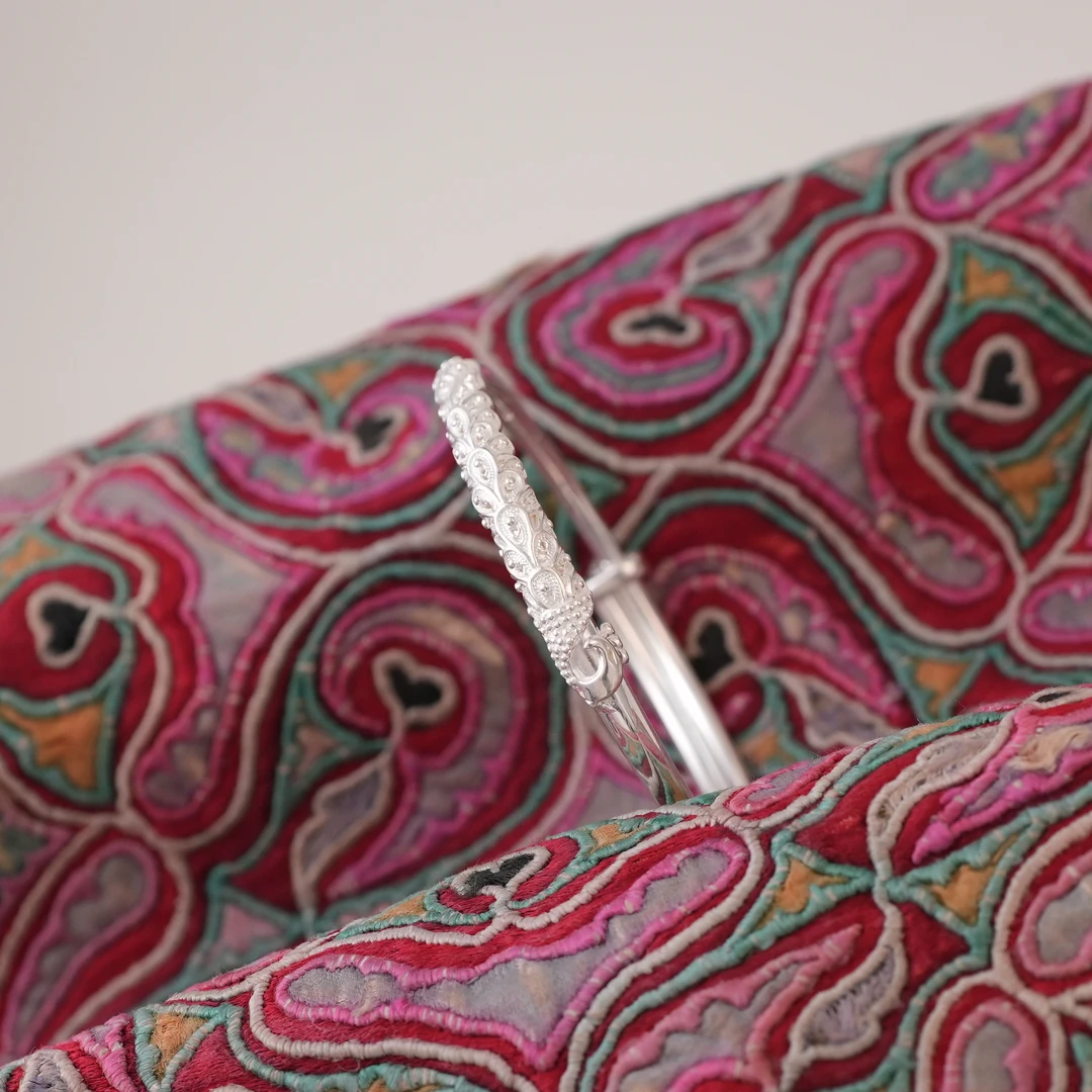 足银手镯 【凤回头花丝手镯】黔喜银饰 足银简约款