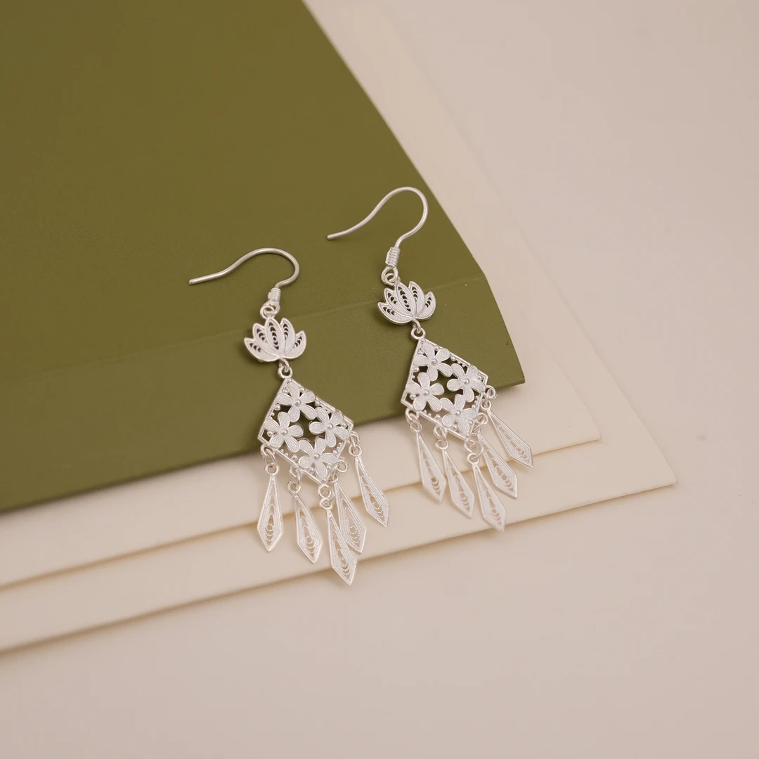 足银耳饰 【菱形流苏耳环】黔喜银饰手工花朵长款民族风国风百搭