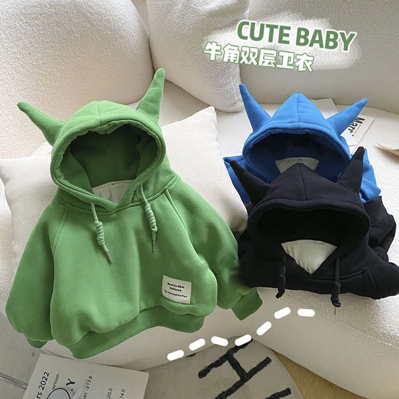 【2024新款】儿童加绒加厚连帽卫衣男女宝牛角帽衫宽松保暖套头上衣