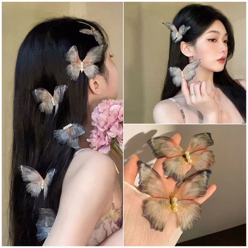 仙气灵动薄纱蝴蝶翅膀发夹女森系仙美高级感边夹发卡头饰古风发饰