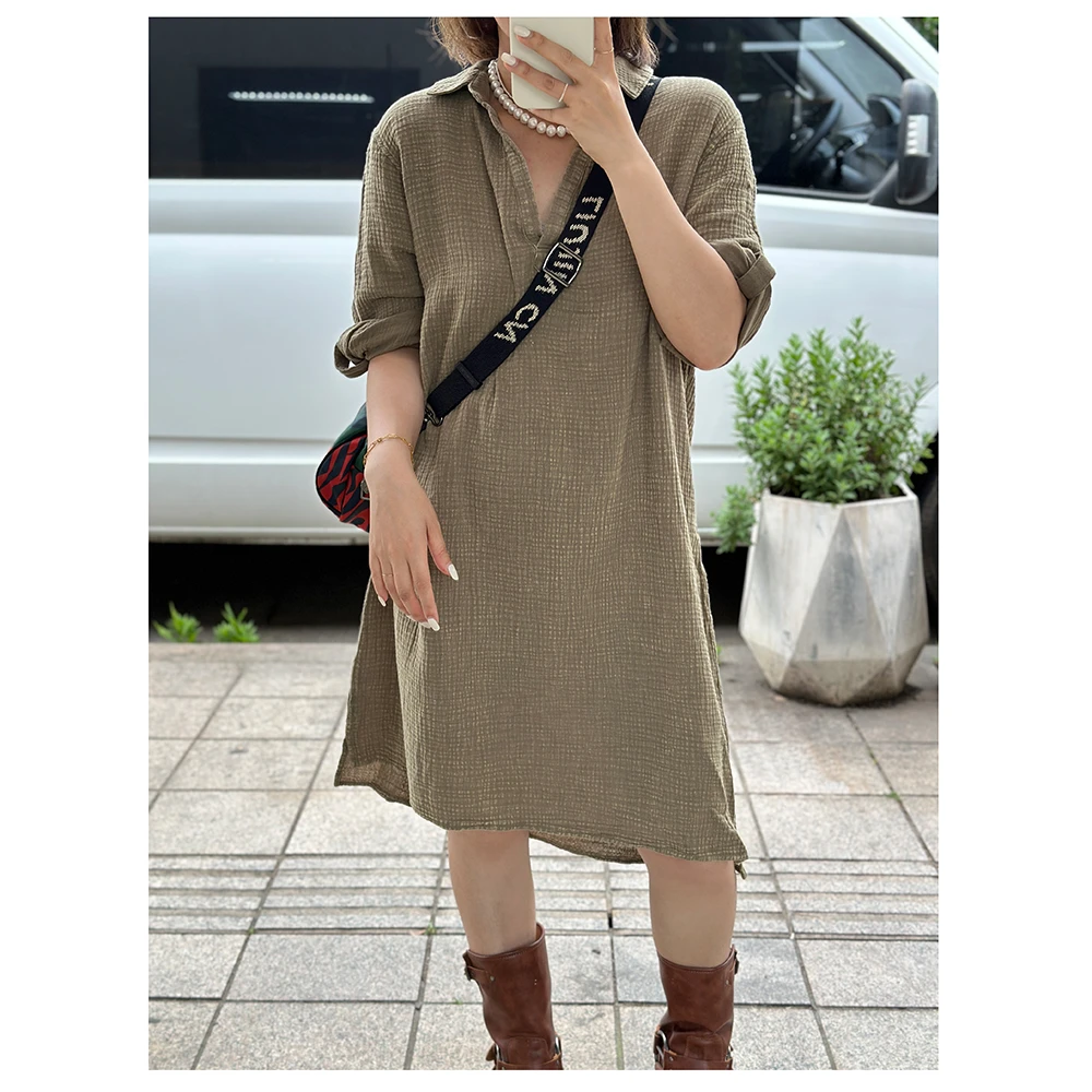 ZM835 夏季新款纯色宽松中长款翻领七分袖女士休闲连衣裙女