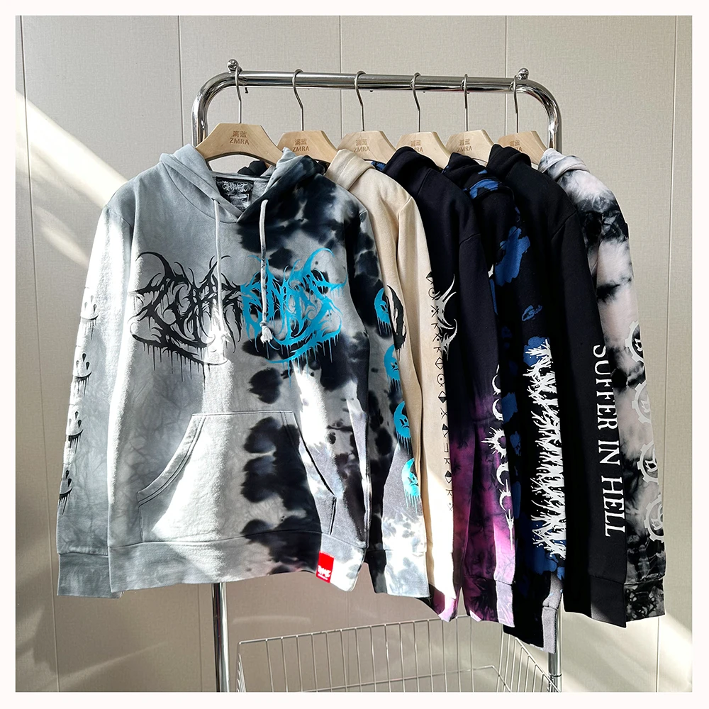 ML10847   秋冬新款宽松加绒加厚连帽长袖扎染印花卫衣男女同款