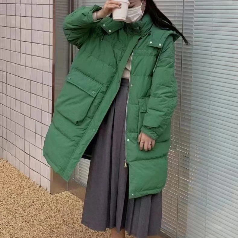 羽绒服女中长款2024年新款韩版宽松可脱卸帽白鸭绒加厚外套