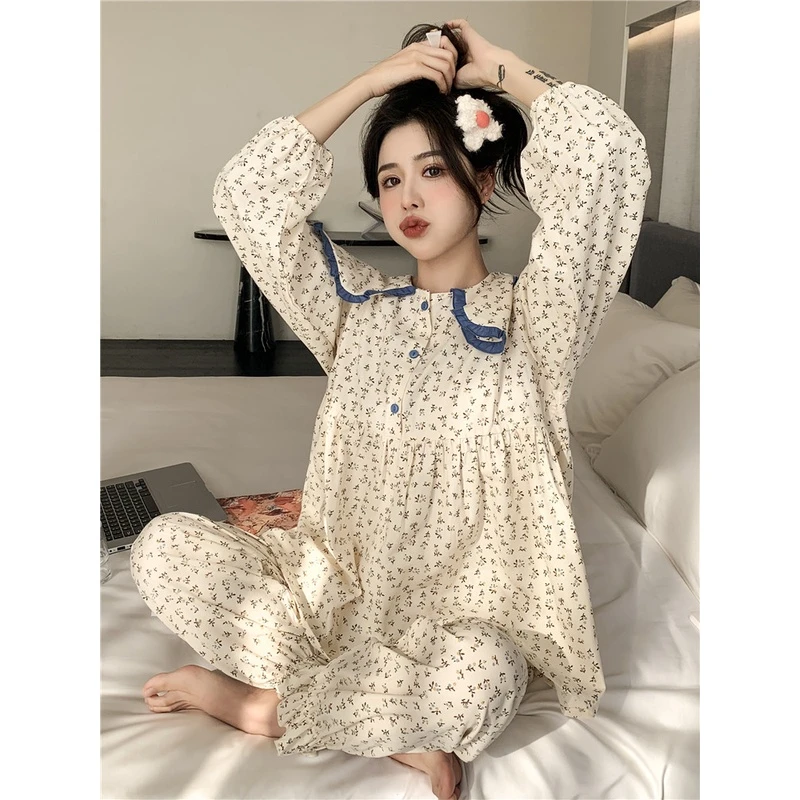 韩国睡衣女春秋季大翻领碎花气质优雅甜美高级感可外穿家居服套装