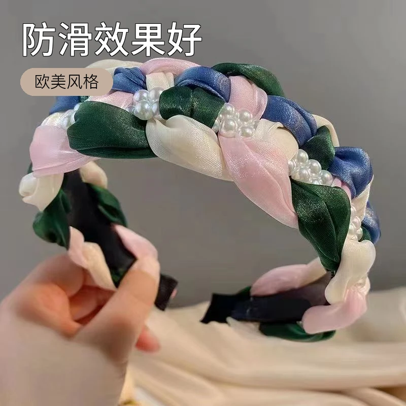 网纱法式防滑发箍复古手工编织头箍简约欧美风宽边不压发成人发箍