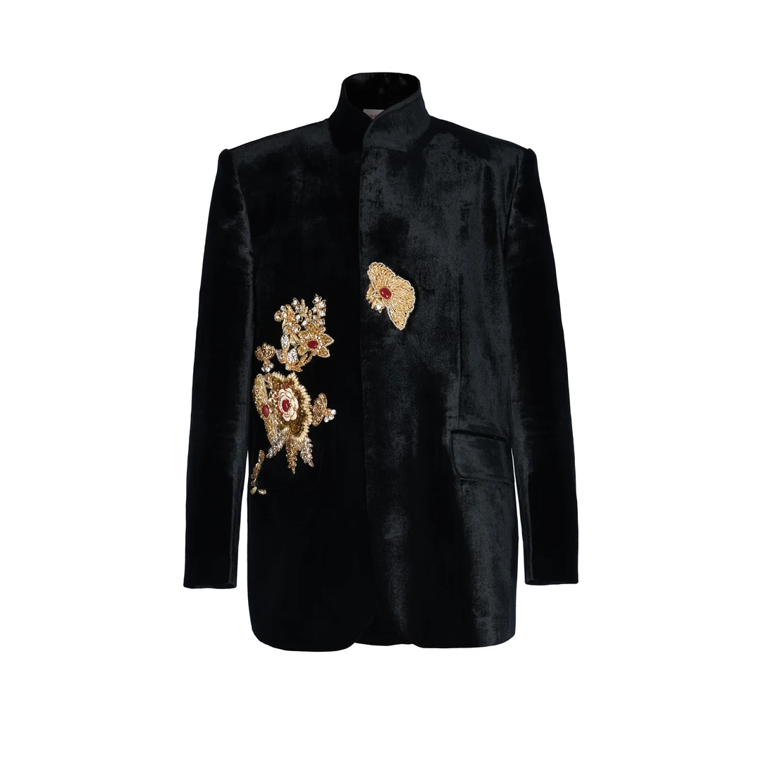 【郝蕾同款】JUNYANG杨君 松柏黑丝绒中国风设计休闲中山装