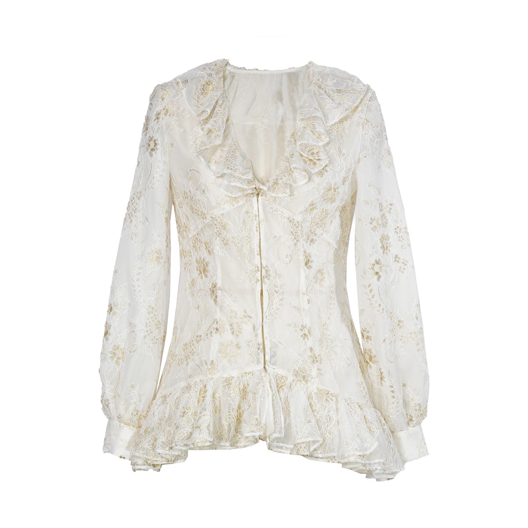 【年中回馈】JUNYANG杨君 醉花茵金色手工蕾丝荷叶V领衬衫