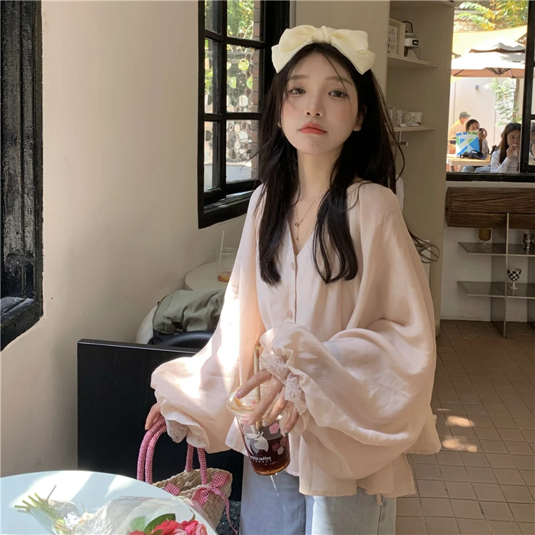 2023爆款大码粉色雪纺衬衫女新款小衫V领花苞长袖慵懒上衣百搭