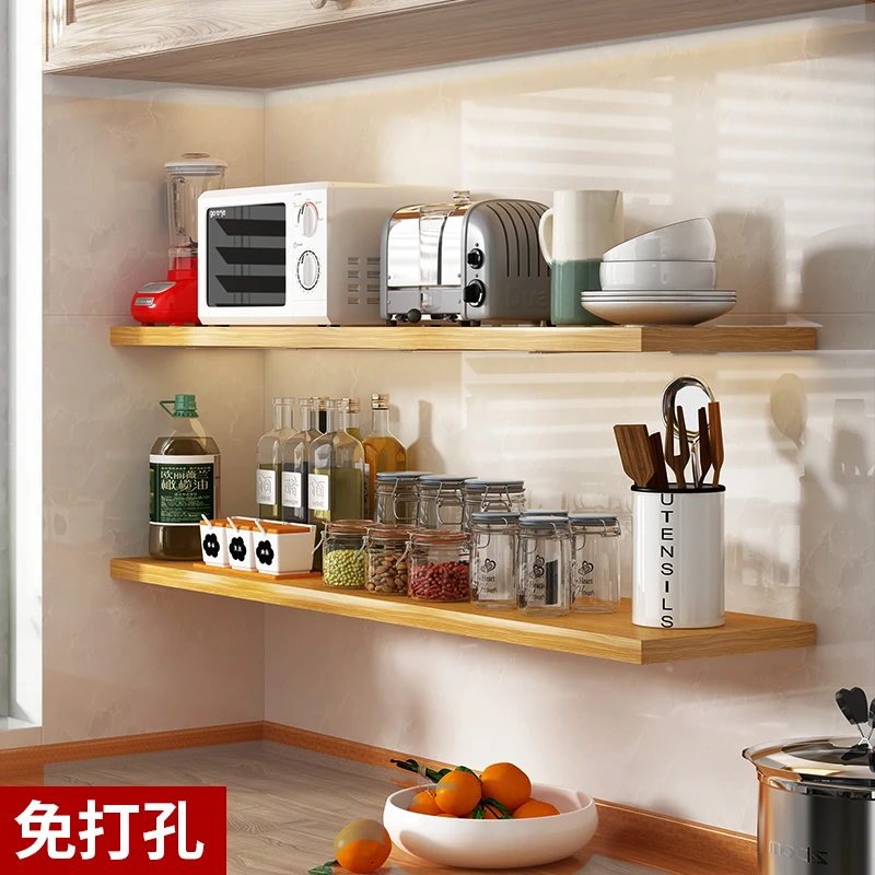 免打孔厨房置物架壁挂微波炉调料多功能收纳置物架墙上木板分层架