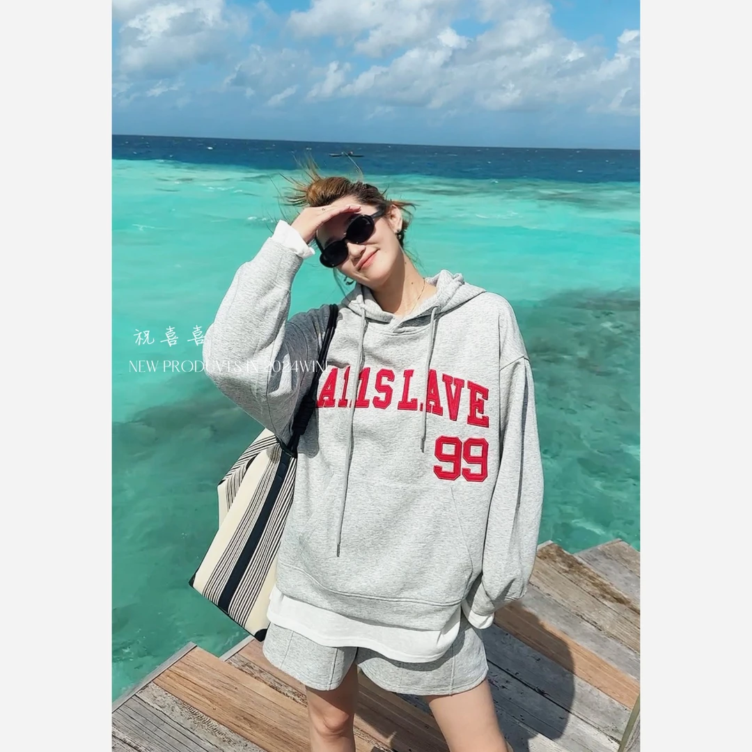 祝喜喜【自由小姐】百搭ins刺绣秋季宽松韩版连帽休闲连帽卫衣套装