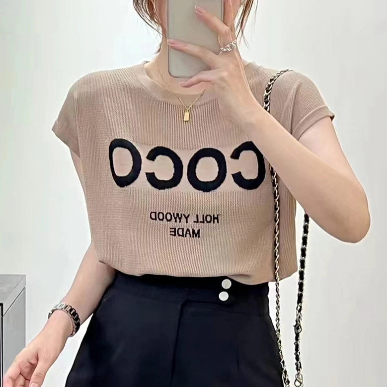 夏季冰丝短袖T恤女薄款字母刺绣薄款针织衫宽松大码圆领遮肚上衣