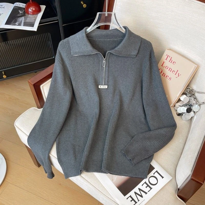 POLO领拉链秋冬针织衫上衣女新款宽松大码洋气上衣时尚百搭打底衫
