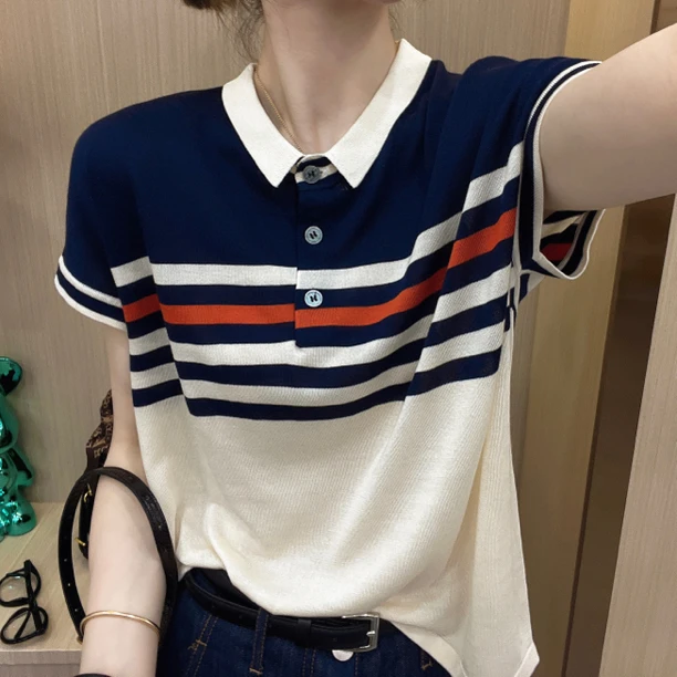 宽松冰丝短袖T恤女夏季薄款撞色条纹针织宽松大码POLO领休闲上衣