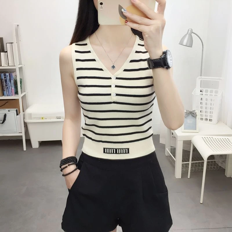冰丝V领条纹拼色背心吊带女2023年夏装新款薄款大码针织衫上衣潮
