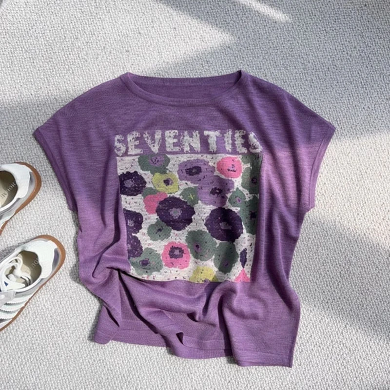 夏季薄款印花冰丝短袖T恤女新款百搭宽松大码花朵撞色个性上衣潮
