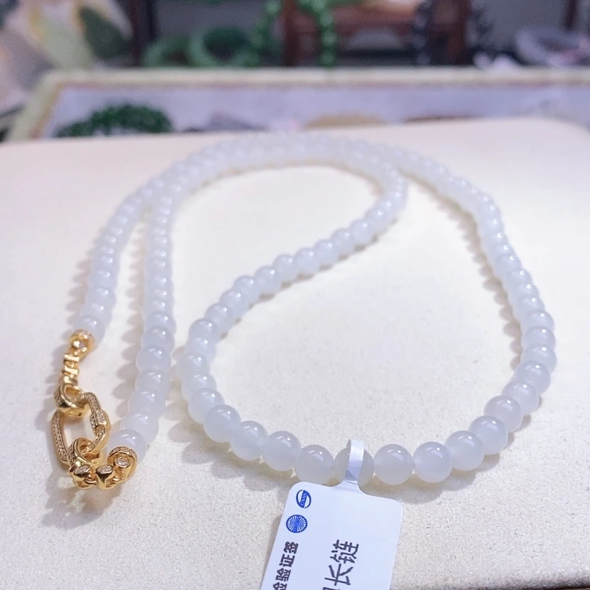 【闪购商品】和田玉新疆银镶羊脂白玉项链6MM未镶嵌
