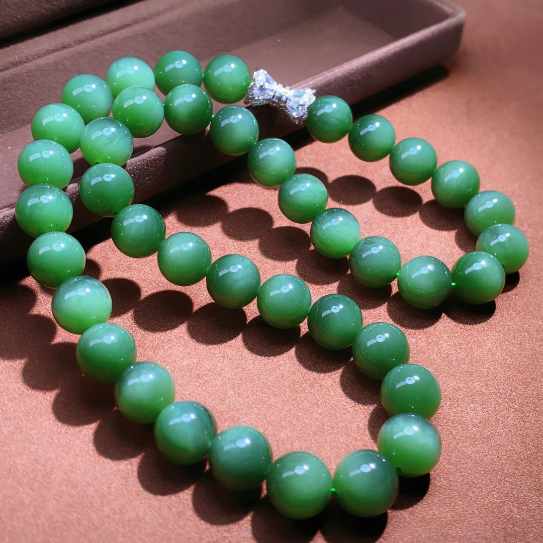 天然和田玉精品猫眼圆珠约12mm项链银颈链妈妈链气质收藏款@4478