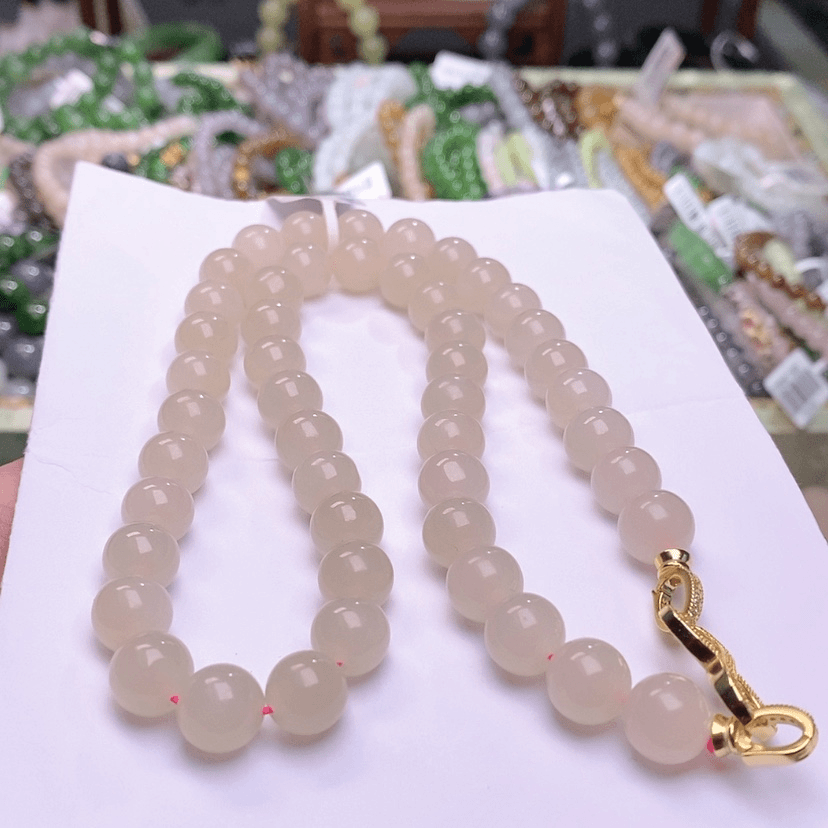 【闪购商品】和田玉熟藕粉银镶妈妈链10MM18K金镶嵌