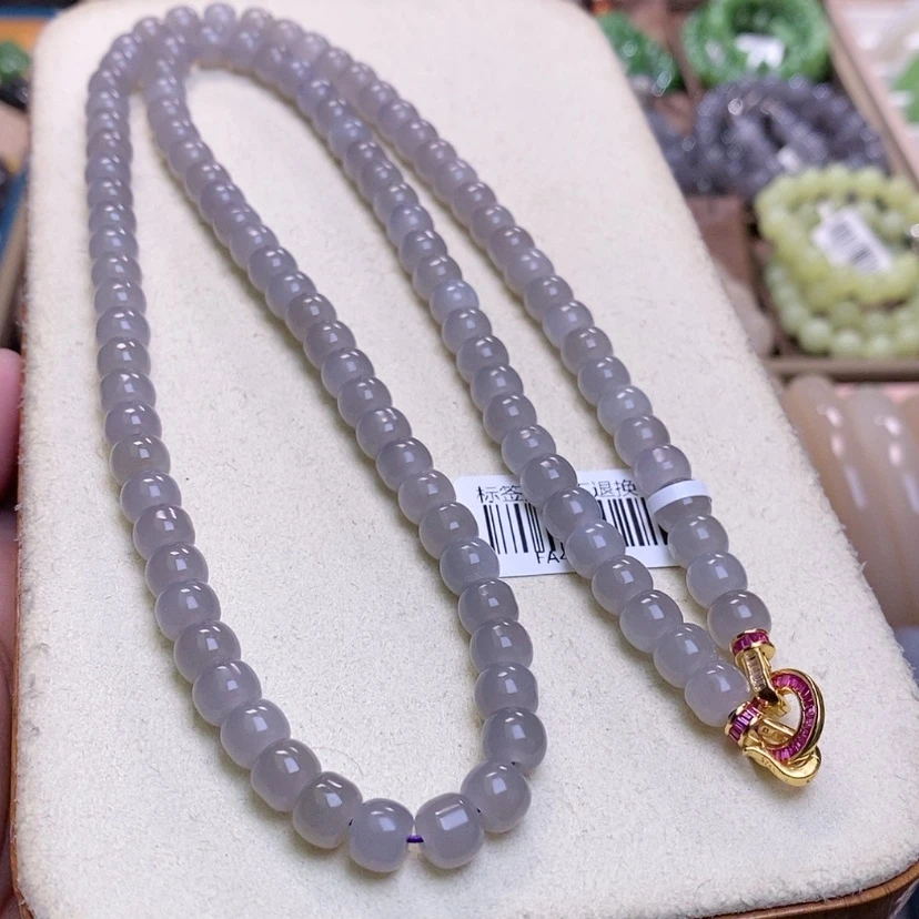 【闪购商品】和田玉收藏级冰烟紫老型珠108珠链7m未镶嵌