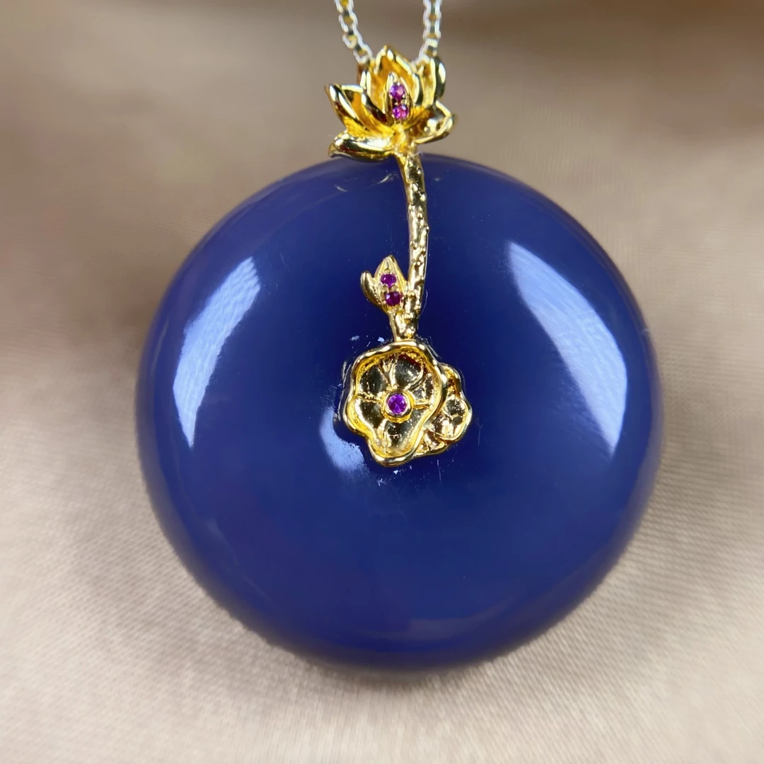 天然和田玉浓烟紫帝王紫18K金平安扣吊坠精品收藏@0005