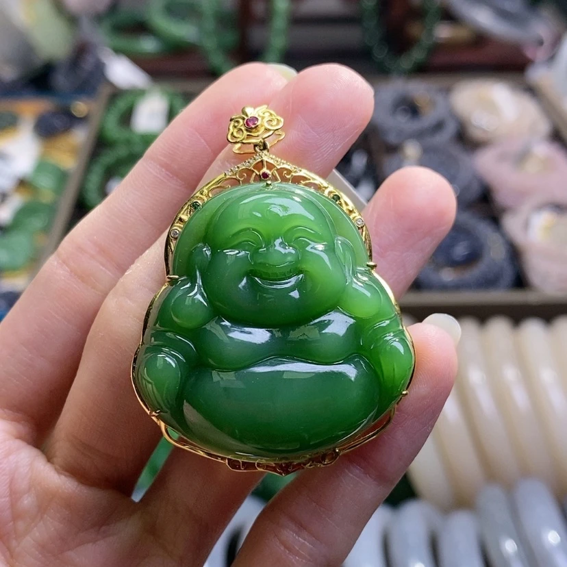 【闪购商品】和田玉碧玉金镶俄料佛公吊坠毕业级未镶嵌