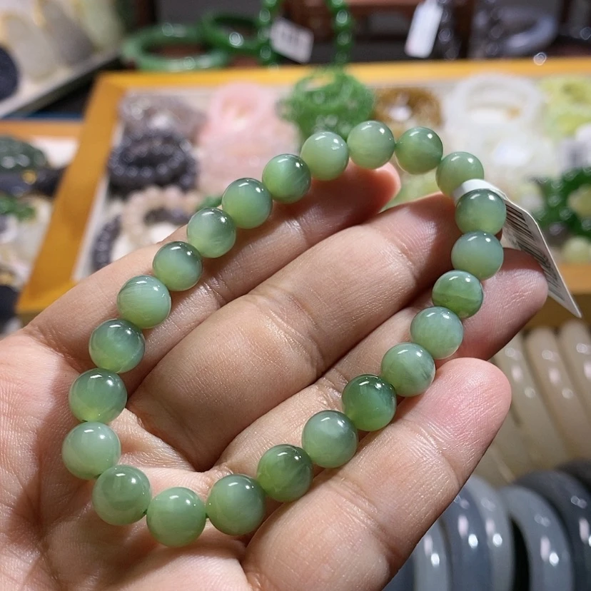 【闪购商品】和田玉精品碧玉高冰猫.眼圆珠手串8m未镶嵌