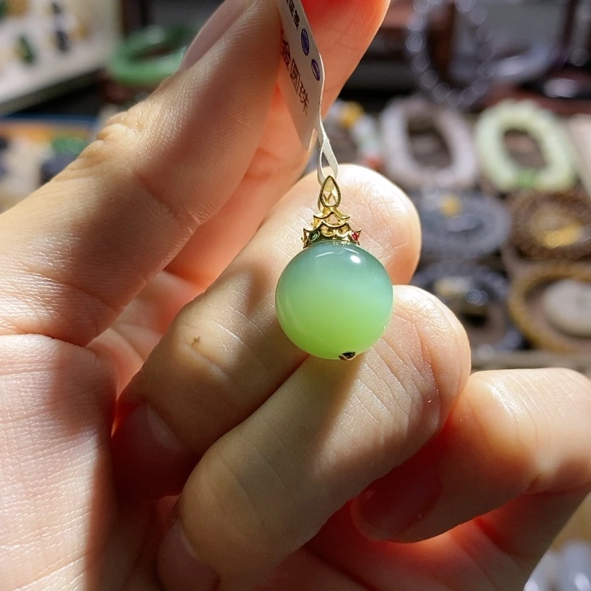 【闪购商品】和田玉碧玉猫眼吊坠18K金镶嵌