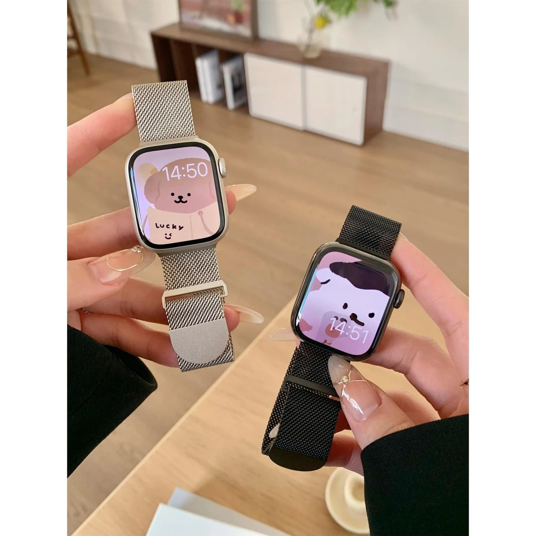 适用s9苹果手表带s78圆尾磁吸米兰磁吸iwatch654SE星光色金属表带