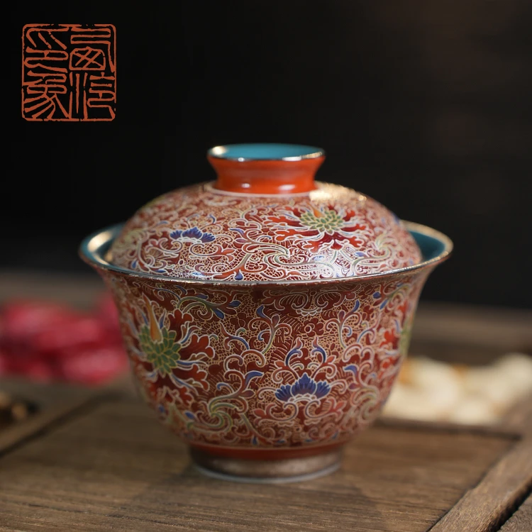 【西泠上新】景泰蓝珐琅釉缠枝纹二才盖碗（故宫城墙红）HX0138