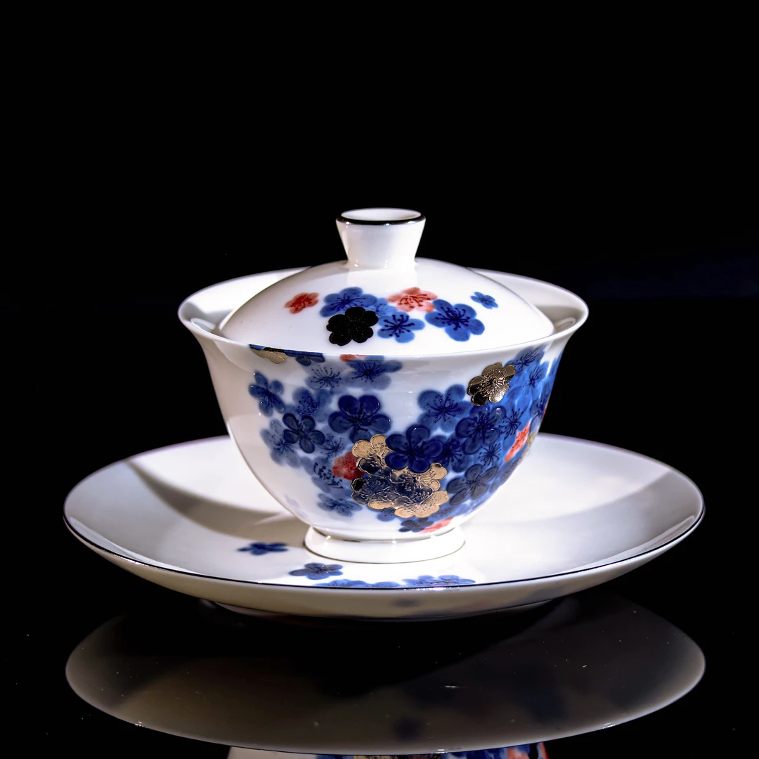 【西泠上新】甜白釉吴韵梅傲三才盖碗白金款 HX0506