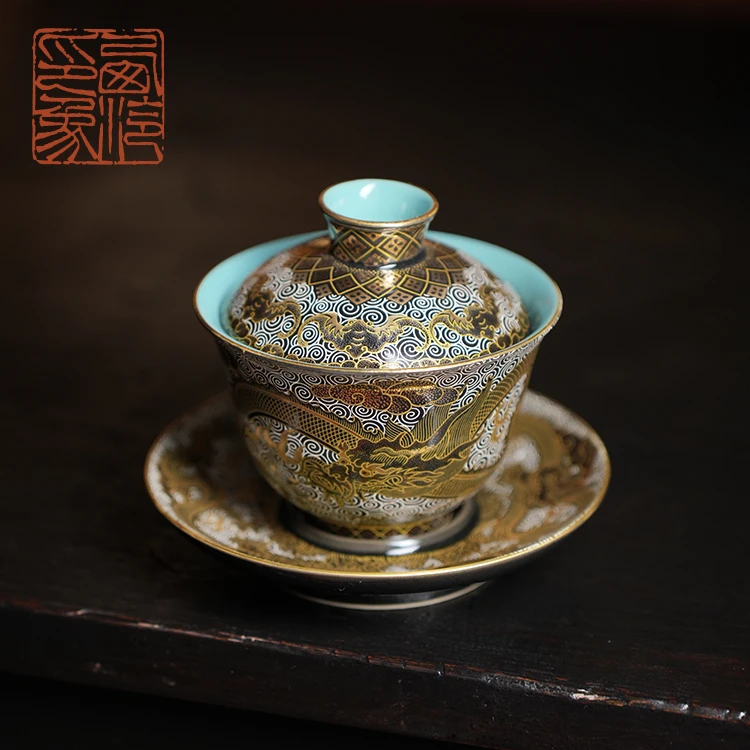 【西泠上新】金银措龙纹盖碗（绿松釉）HX0275