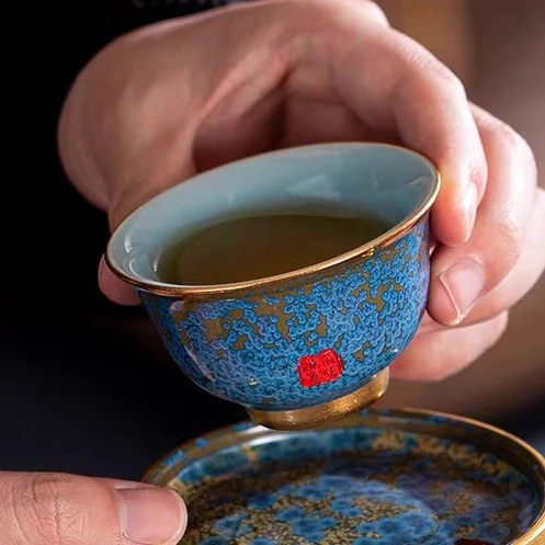 【西泠上新】钧窑冰晶蓝玉小压手杯带杯垫HX0170