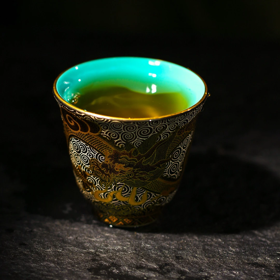 【西泠上新】金银措龙纹玲珑杯（绿松釉）HX0277b