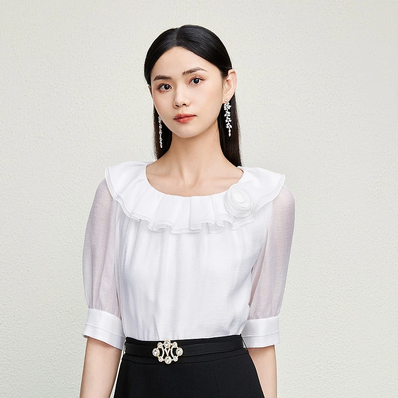 【Susie】韩国水晶丝莱赛尔荷叶边优雅亲肤衬衫-MJFC02WBL165W11