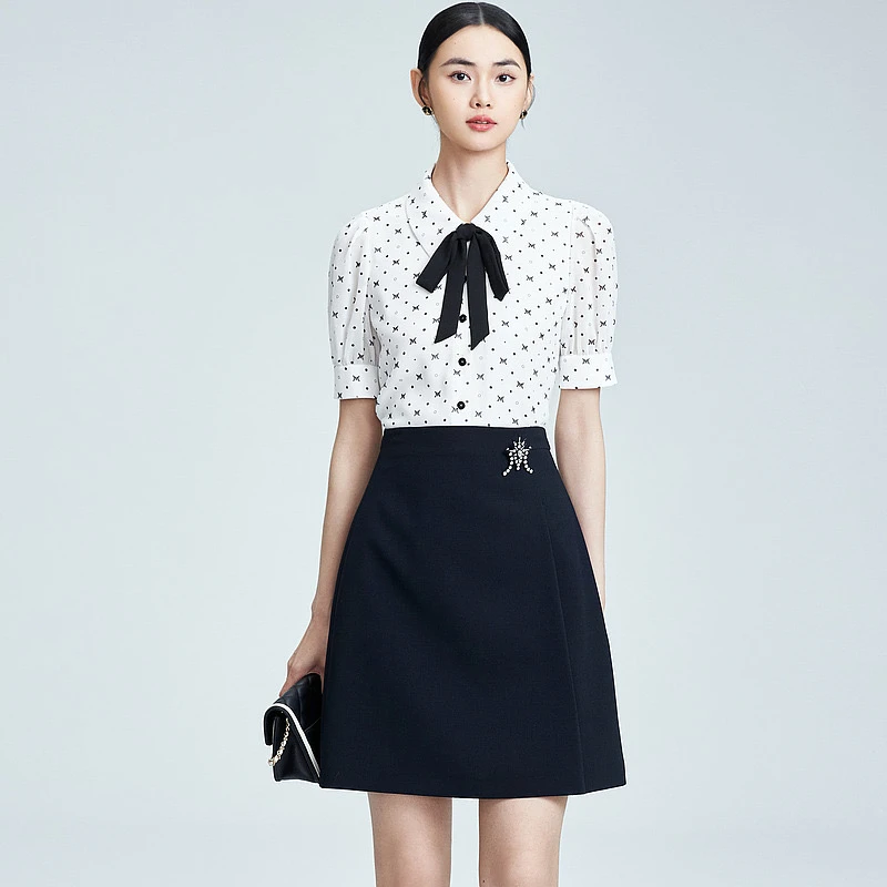 【张佳宁同款】波点印花2024新款肌理感雪纺衬衫-MJFB02WBL156W11