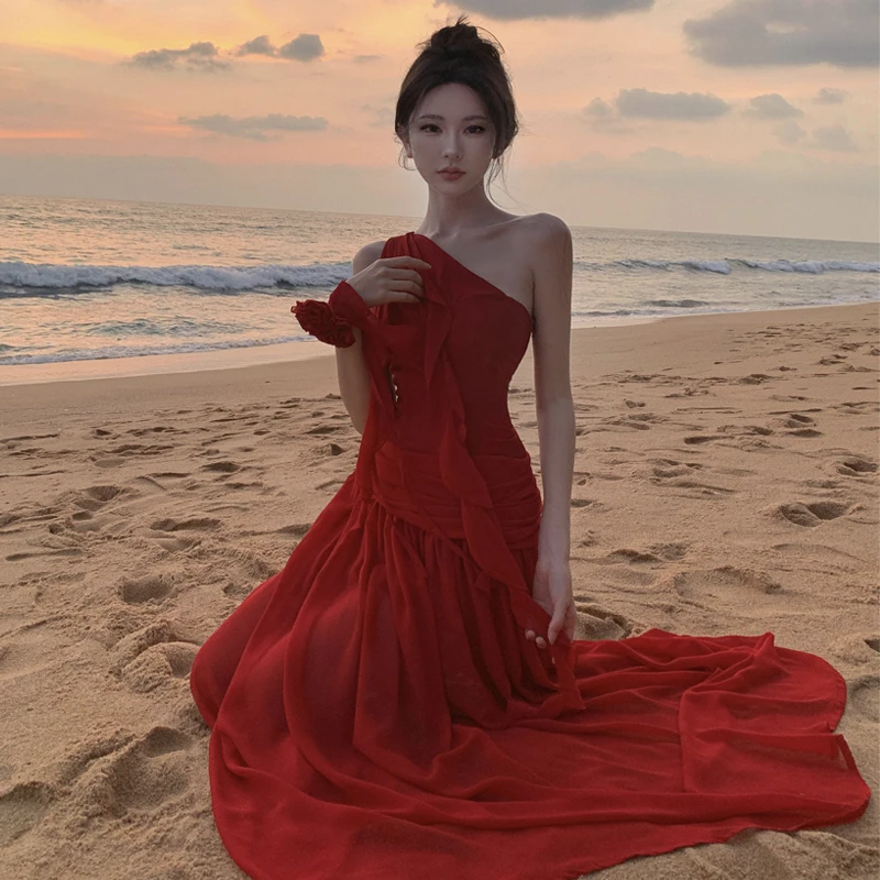 高腰无袖连衣裙希腊式垂坠性感长裙辣妹纯欲显瘦