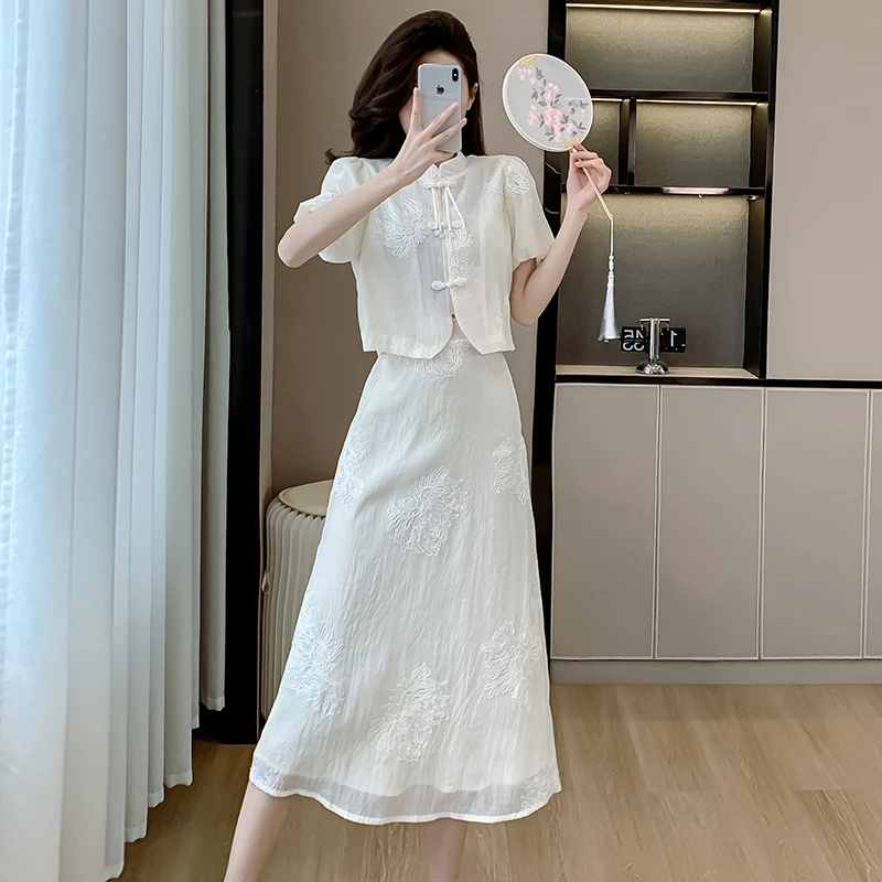 夏季新款新中式国风清冷感禅意风改良旗袍上衣连衣裙子两件套装女