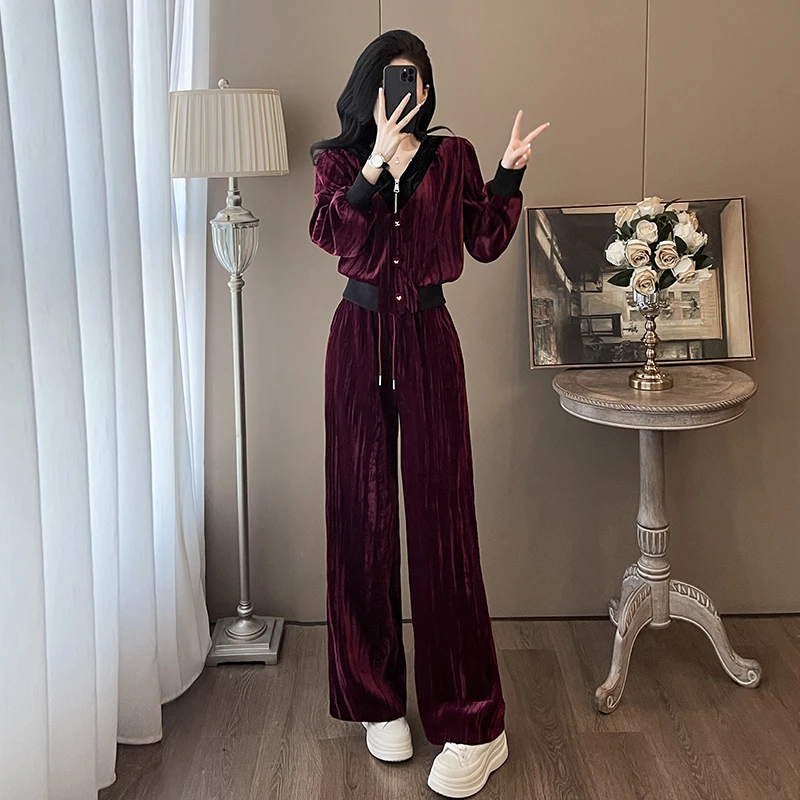 时尚休闲运动套装女春秋2024新款洋气时髦显瘦金丝绒高级感两件套