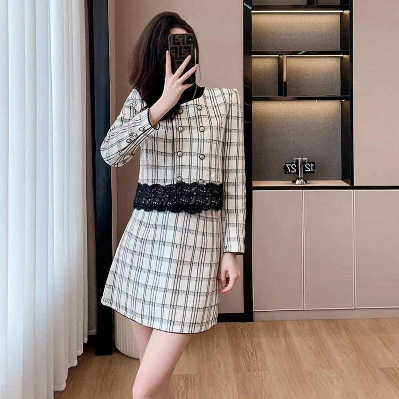 高级感气质名媛撞色格纹套装裙女秋冬季时尚拼接蕾丝外套两件套