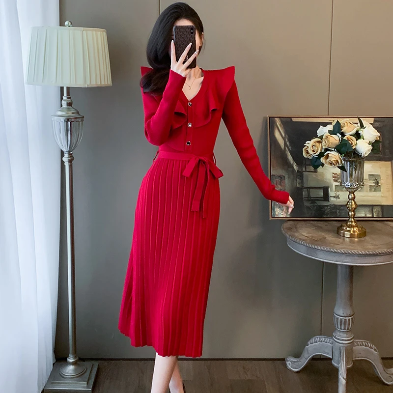 秋冬女装v领针织连衣裙中长款毛衣百褶a字裙过膝敬酒礼服小红裙子