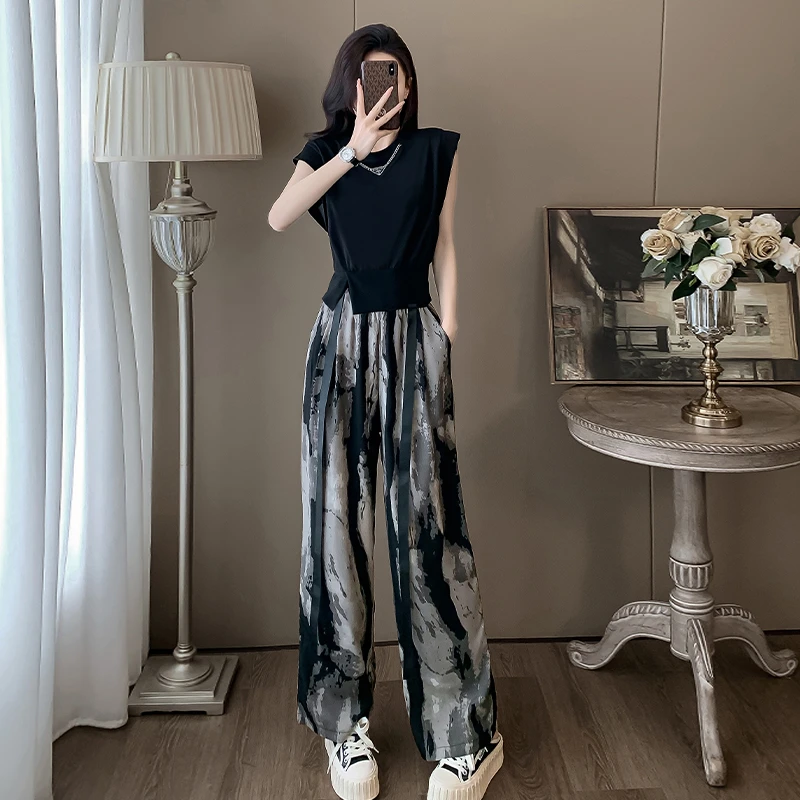 2024年国风水墨新中式套装女夏季薄款时尚短袖t恤+直筒裤套装扎染