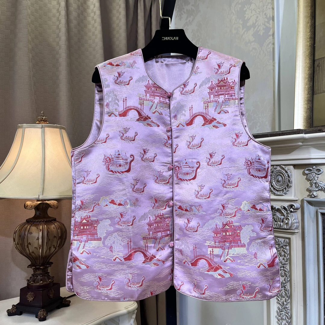 3393-1亭台楼阁赛龙舟马甲提花女士马夹民族风复古